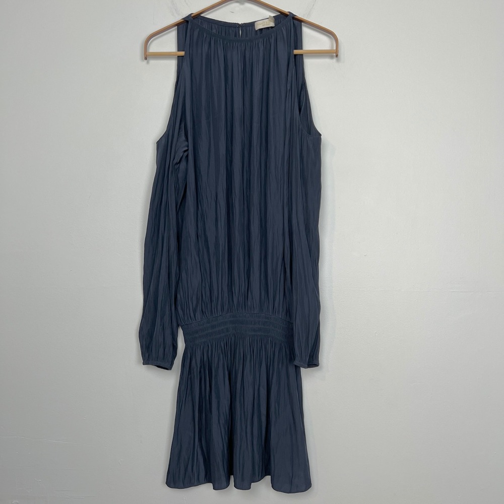 Ramy Brook Navy Blue Cold‎ Shoulder Pleated Smocked Drop Waist Mini Dress Medium